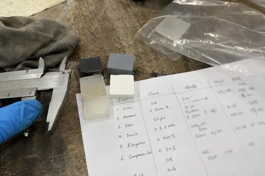 Phone photo of material quality control samples and caliper